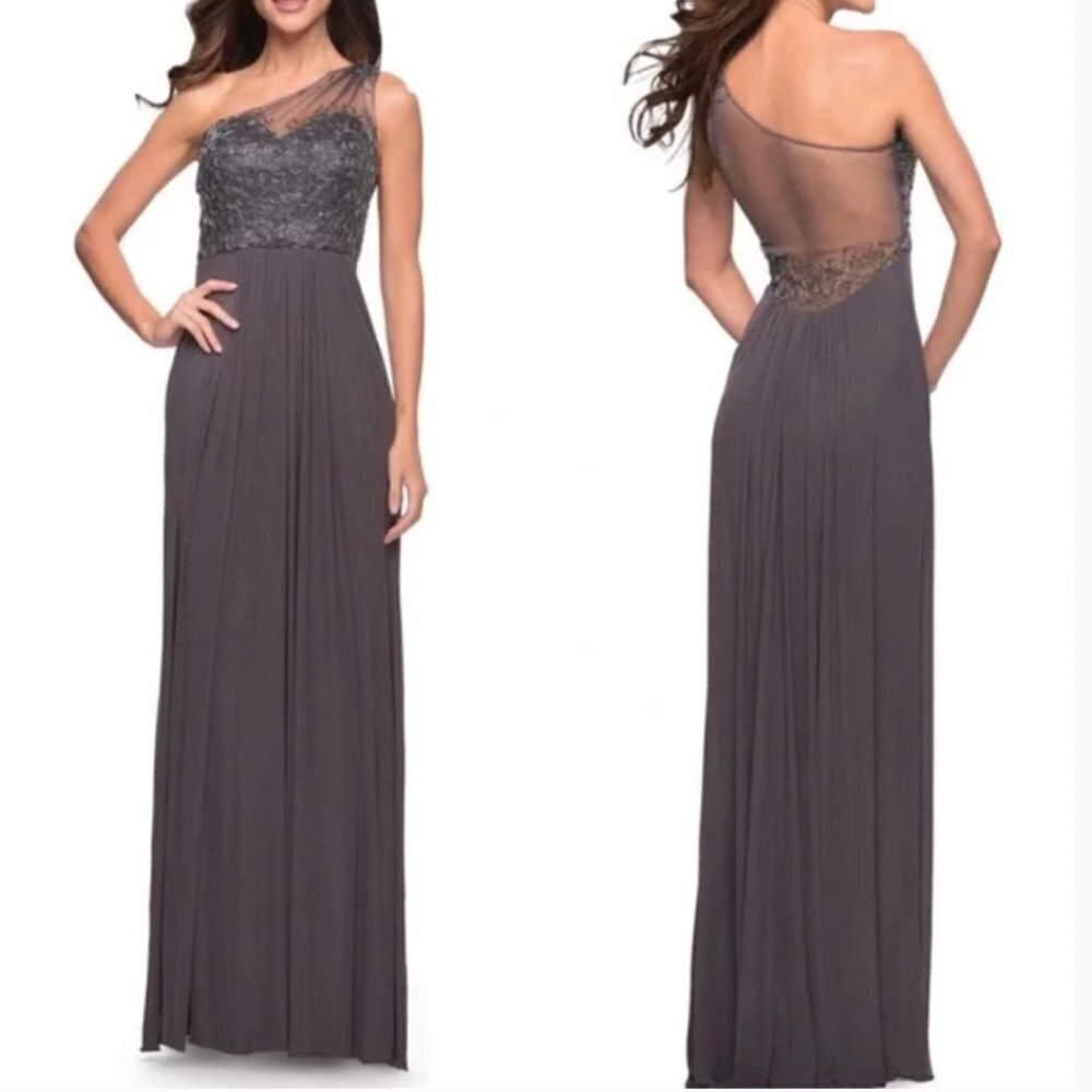 NEW La Femme Gray One Shoulder Beaded Evening Gown Size 2